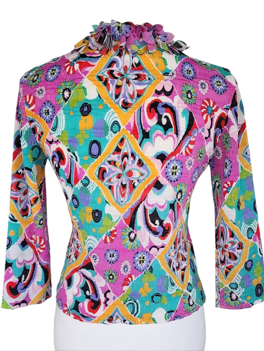 Alberto Makali Pink Teal Multi-Color Ruffle-Trim Button Down Top - Picture 4 of 8